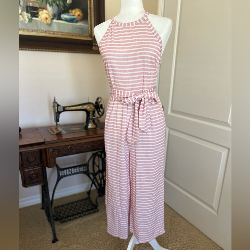 Striped Pink Halter Jumpsuit with Tie Waist